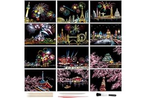 ARTSPER Magic Scratch Art Paper(7.9"x5.5") Rainbow Landscape Engraving Art Mini Scratchboard DIY Pads for Adults and Kids, Crafts Set: 12 Sheets Scratch Postcard Cards & Drawing Pens, Tools(Fireworks Series)