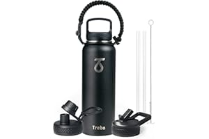 Stainless Steel Water Bottle 1.2L, Trebo Insulated Water Bottle Double with Paracord Handle Sports Bottle Wide Mouth Keep Cold 48 Hours Insulated Water Bottle with 3 Lids, Black