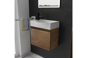 ‎ALPENBERGER GERMANY Alpenberger Waschtisch mit Unterschrank | Gäste WC Waschbecken Klein 45 cm Breit | Keramik Aufsatzwaschbecken mit Waschbeckenunterschrank | Badmöbel Set Hängend | Waschtischunterschrank Eiche