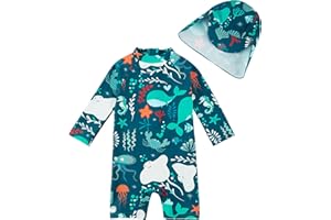 upandfast Maillot de Bain Une pièce avec Fermetures éclair pour bébé garçons Maillot de Bain pour bébé Protection Solaire UPF 50+ avec Chapeau de Soleil