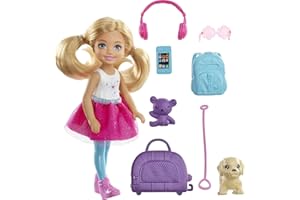 Barbie Voyage Mini-poupée ​Chelsea Blonde, avec Un Chien, Sac de Voyage et Accessoires, Jouet pour Enfant, FWV20