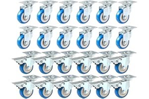 FactorDuty 24 Pack 50mm up to 240KG Heavy Duty Blue Polyurethane Castor Wheels, 12 No Brakes & 12 With Brakes for DIY, Furniture Trolley Caster Wheels