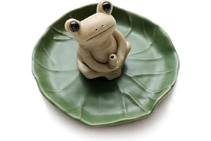 NAGU 100% Handmade Ceramic Small Frog Incense Burner Holder, Lotus Leaf Tray, Mini Cute Animal Statue Home Incense Holder