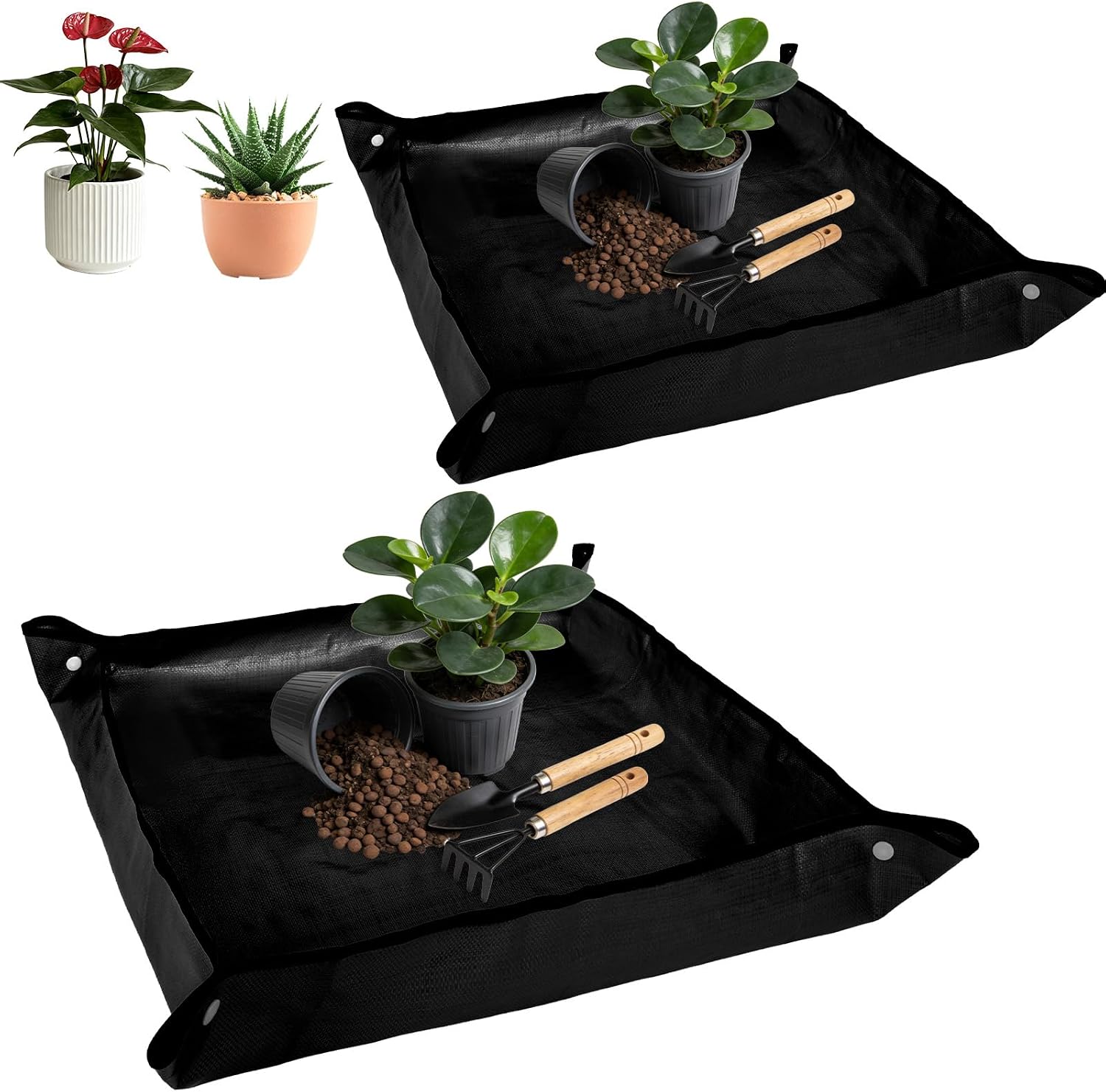 AOOWU Estera de Plantación de Jardinería, 2PCS Alfombrilla de Trasplante con Botón Antifugas, Plegable Tapete Portátil Jardín, Impermeable Macetas Estera para Variedad de Trabajos de Jardinería