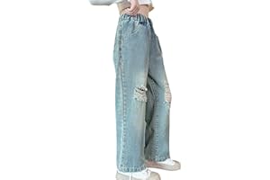 FEOYA Kids Girls' Casual Wide Leg Baggy Jeans Children Retro Denim Ripped Pants Loose Trousers Vintage Streetwear 5-14 Years