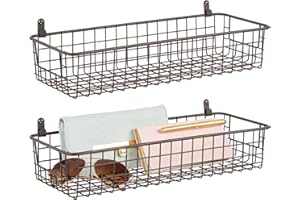 mDesign Set of 2 Hanging Storage Basket – Wall-Mounted Metal Wire Basket – Multi-Purpose Organiser Tray for Household Items – 15.4 cm x 40.6 cm x 10.1 cm – Bronze