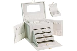 ADEL DREAM Joyero grande con cerradura de 5 niveles con 5 cajones con espejo para anillos, pendientes, collares y pulseras, elegante y clásico Blanco 26x19x21.8cm