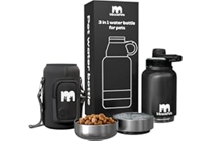 Miracle Pets Botella de Agua para Perros - Bebedero Perro Portatil Incluye Comedero - Botella Termica 1 Litro -Cantimplora Acero Inoxidable - Doble Aislamiento (Negro + Funda) Nueva Modelo Tapón