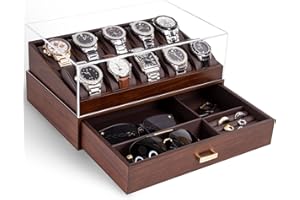 KAMIER 10-Slot Watch Box Case Organizer for Men, Two-Tier Wooden Watch Display with Holders and Drawer, Walnut Finish – Luxury Watch Storage Box