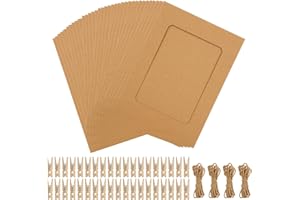 APACALI 60 PCS Cardboard Photo Frames, 4x6 Inch Paper Photo Frame, Cardboard Picture Frame with 60PCS Wooden Clips and 6PCS Hemp Ropes, Brown Paper Photo Frames for Home Dorm Office Wall Decor