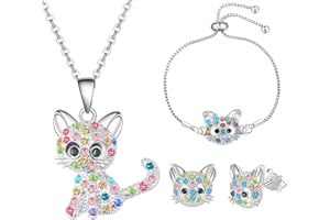 jagosen Girls Jewellery Set 2 PCS Cat Earrings Necklace Set Sterling Silver Kids Crystal Cat Lovers Gifts For Women Girls Christmas Birthday Presents