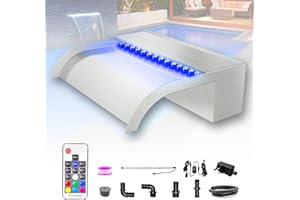 Longrun 30cm Pond Waterfall Blade Kit, 304 Stainless Steel Curved Waterfall Feature Spillway, Outdoor Pool Fountain with 7 Colors LED Lights and Remote Control