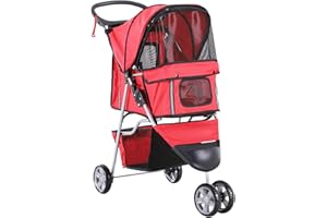 PawHut Poussette buggy pliable animaux, chariot pliant chien chat, porte-gobelet panier de rangement inclus, roues avec frein, tissu 600D Oxford acier, 75 x 45 x 97 cm rouge