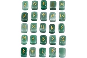 KYEYGWO Grün Aventurin Runen Steine Set mit Gravur Golden Elder Futhark Alphabet Symbol Edelstein, Runensteine Kristall für Meditation, Wahrsagung, Reiki Heilung und Amulett, 25 Stück