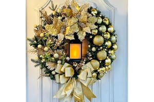 TZCIN LED Künstlicher Weihnachtskranz für Tür, 40cm Türkranz Weihnachten außen und innen - Adventskranz mit Kerzenlaterne Beleuchtet Batterie Deko Kranz mit Kugel Schleife Weihnachtsdeko (Gold)