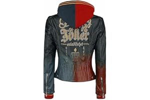 AKSAH FASHION Damen Greifvögel Harley Quinn Kostüm Steppleder Bomber Blau Rot Jacke mit abnehmbarer Kapuze