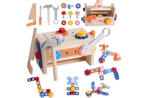 YULEYU Cassetta degli attrezzi giocattoli in legno per bambini, 38 pezzi attrezzi in legno colorati Montessori da 2 3 4 anni, Tavolo degli attrezzi, Giochi di ruolo educativi in legno, Regali per bambini