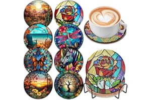 SOEWIOU Brilliant Star Diamond Painting Coasters with Holder,8 Colorful Glass Stain 5D DIY Craft Kits - Round Full Drill Diamond Art Supplies for Adults Kids,Beginners