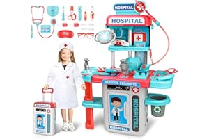 deAO 2 in 1 Kids Doctor Playset, Pretend Medical Station, Hospital Carrycase Play Set with Medical Instruments Stethoscope Lights, Educational Role Play Toys for 3+ Kids Christmas Birthday Gifts(Pink)