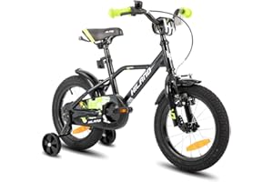 ‎HH HILAND Hiland 12/14/16/20 Zoll Kinderfahrrad für Jungen 3-10 Jahre, mit Stützrädern, Jungen Fahrrad mit Handbremse und Rücktrittbremse, Schwarz/Grün/Blau