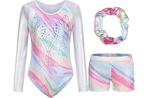 Hovershoes Gymnastics Leotards for Girls Long Sleeve Bodysuit Sparkle Gradient Colorful Diamond Ballet Dancing Leotard Tumbling Shorts Kids Youths Athletic Dancewear