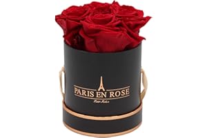 PARIS EN ROSE Rosenbox | mit 4 Bordeaux-roten Infinity Rosen Größe XL | konservierte ewige Rose | runde Schwarz-Rosegold Box | 3 Jahre haltbar | Grußkarte