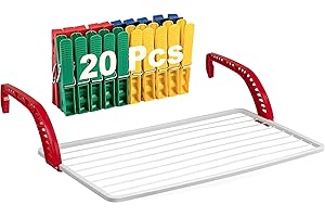 KINGNET Tendedero Balcón para Secado de Ropa en Barandilla, Ventana o Balcón, Tendedero Colgante Plegable, Superficie de tendido 10 m, Uso Interior y Exterior con 20 Pinzas Incluido (XL)