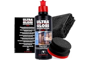 DETAILMATE Polissage pour meubles – Ultra brillant Superpolish cuisine 0,25 l + Chiffon de polissage 550 gsm + Tampon de polissage – Entretien et protection pour surfaces acryliques et vernis brillant