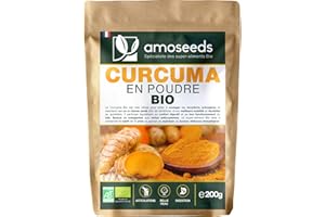AMOSEEDS Curcuma en Poudre Bio 200G | 3% Curcumine | Articulations, Mobilité, Digestion, Peau | Qualité Supérieure