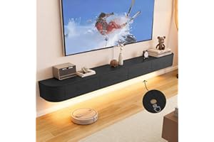 Ribanedy Pensile TV Moderno in Legno Massello con Illuminazione LED | Consolle per Divertimento Montata a Parete con Antine Ribaltabili | Panchina TV per Soggiorno e Ufficio (Nero, 180cm)