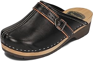 BeComfy Sabots en Cuir pour Femme avec imprimé Sandales Clogs Mules à Talons en Bois Blanc Model VK