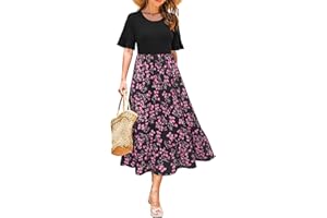 STYLEWORD Women Summer Dress Floral Short Sleeve Ladies Casual Swing Midi Dress with Pockets