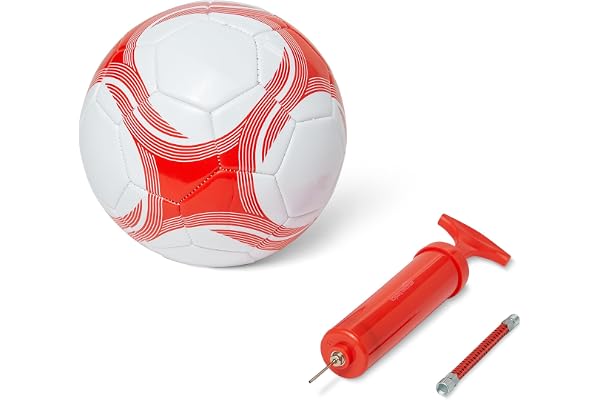 Amazon Basics Ballon de Football avec Pompe - Ballon d'entraînement, Construction PVC Durable, Vessie en Butyle, Utilisation Intérieure/Extérieure, Ballon d'exercice Cousu Machine, Blanc et Rouge