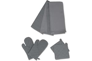 ‎GWS gws 8-teiliges Küchen-Set, Anthrazit – 1 Paar Ofenhandschuhe, 1 Paar Topflappen und 4 Geschirrtücher, 100% Baumwolle, hitzebeständig und waschbar