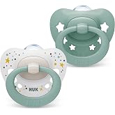 NUK Signature Pacifier | 0-6 Months | Calms 95% of Babies | BPA-Free Silicone Heart Pacifiers | Includes Case | Green Stars |