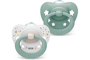 NUK Signature Babyschnuller | 0−6 Monate | Beruhigt 95 % der Babys | BPA-freie Silikonschnuller in Herzform | Mit Etui | Grüne Sterne | 2 Stück