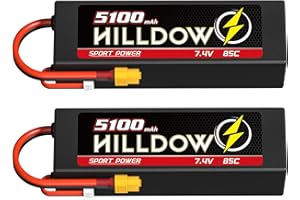 Hilldow 2S Lipo - Batería de 5100 mAh 7.4 V 85C con conector XT60 para vehículos RC de 1/8 1/10 para vehículos RC Buggy Truggy RC Airplane UAV Drone (2 paquetes)