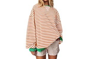 EXHLOAG Women Oversized Striped Color Block Long Sleeve Crew Neck Sweatshirt Red and White Striped T Shirt Casual Loose Pullover Y2k Shirt Top Long Sleeve Tops Women's Sweatshirts Sales Ladies Sweatshirts