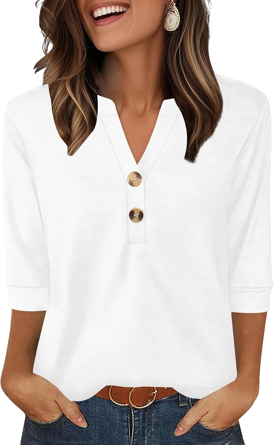 Aokosor Womens 3/4 Sleeve Tops Ladies Blouse V Neck Tunic Long Sleeve T Shirts Curved Hem Office Wear