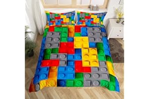 HOMEWISH Juego de ropa de cama de juguete colorido con diseño de bloques de construcción 3D, funda de edredón para niños, juego de funda de edredón de ladrillos de juguete, tamaño doble, funda de colcha de