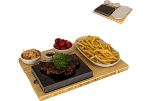 CAWI Deska do steków z kamienia lawowego, płyta do serwowania, deska bambusowa z grillem Hot Stone, płyta grillowa do steków, blat kamienny, grill stołowy