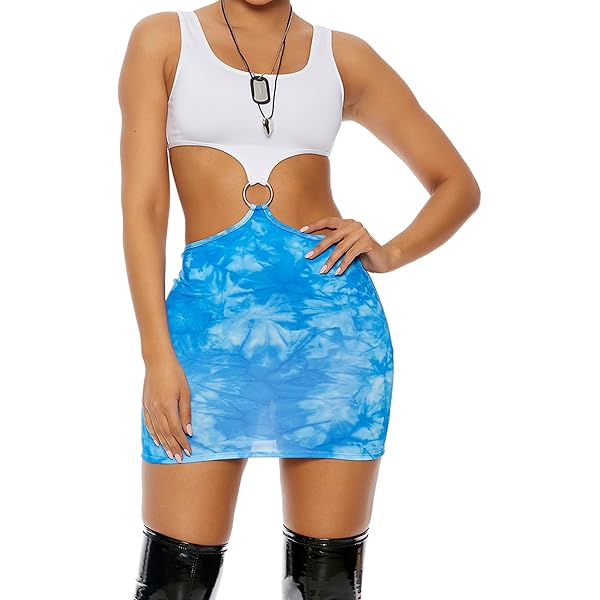 Women's Julia Roberts 'VIVIAN' Fancy dress Outfit Set, White Sleeveless Dress with Ring Detail and Blue Tie-Dye Mini Skirt, Cap & 2 Necklaces (8-10) Toys & Games