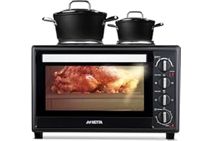 NETTA Electric Mini Oven 45L with Double Hotplate, Grill, Multiple Cooking Functions, Adjustable Temperature Control, 120 Minute Timer, Accessories Included - 1500W