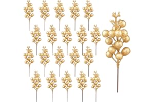 Jangostor 20 Piezas Decoración de Bayas,Palillos Artificiales de Bayas Acebo Bayas Ramas Tallos de Bayas navideñas para el árbol de Navidad Temporada de Vacaciones Decoración de Invierno (Oro)
