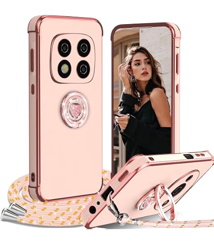 ILING Cover per Xiaomi Redmi 14C / Xiaomi Poco C75 con 360° Anello Supporto, Lussuoso Elettrolitico Bordo Oro Design Morbido TPU Silicone Antiurto Ultrasottile Donna Custodia (Rosa