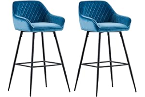 JYMTOM Lot 2 Tabourets de Bar Bleu-Vert, Chaises de Salon, Chaises de Bar, Siège en Velours avec Dossier, Accoudoir et Repose-Pieds Métallique pour Bistrots,Bar,Bureau (2, Bleu-Vert)