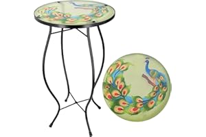 GEEZY Mosaic Garden Table – Peacock Design, Weatherproof Glass & Iron, Small Round Outdoor Patio Coffee Versatile Bistro Side Table Plant Stand for Home & Gift, 30.5 cm Diameter, Garden Tables Only