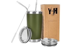 YJH Y·JH 20oz (550ml) Taza Termo Cafe Para Llevar - Vaso Con Pajita - Taza Térmica de Acero Inoxidable Reusable - 2 Tapas a Prueba de Salpicaduras Pajitas - Verde Militar