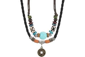 SHIEAGLELD Collier Cuir, Homme Femmes Vintage Style BohèMe Perles Ethniques Tour de Cou Tressé Double Couches RéGlables, Collier Tressé en Cuir