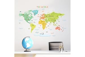 DECOWALL DWL-1616S Kolorowa mapa świata (średnia) Naklejki ścienne dla dzieci Naklejki ścienne Peel and Stick Zdejmowane naklejki ścienne dla dzieci Przedszkole Sypialnia Salon
